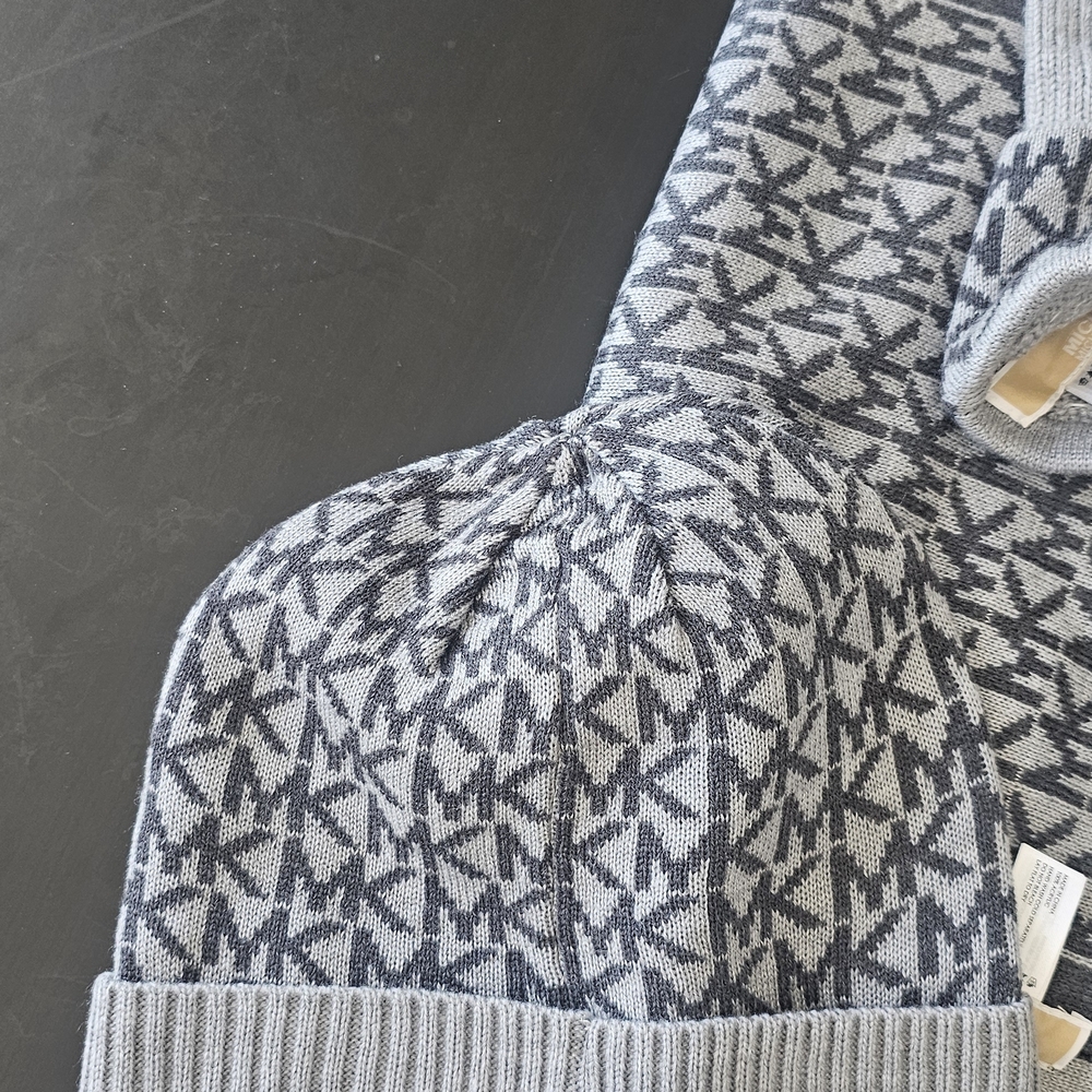Michael Kors Gray Monogram Scarf and Beanie Set